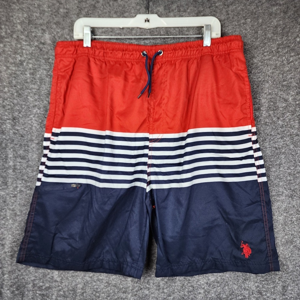 US Polo Assn Swim Trunks Mens XXL Red Navy Blue Striped Color Block Shorts